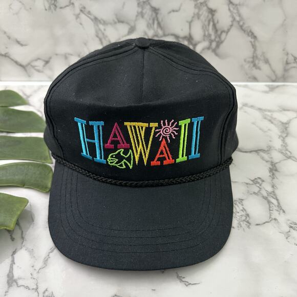Hawaii Vintage 90s Snap Back Hat One Size Black Rainbow Embroidered Fish Sun - Picture 2 of 6